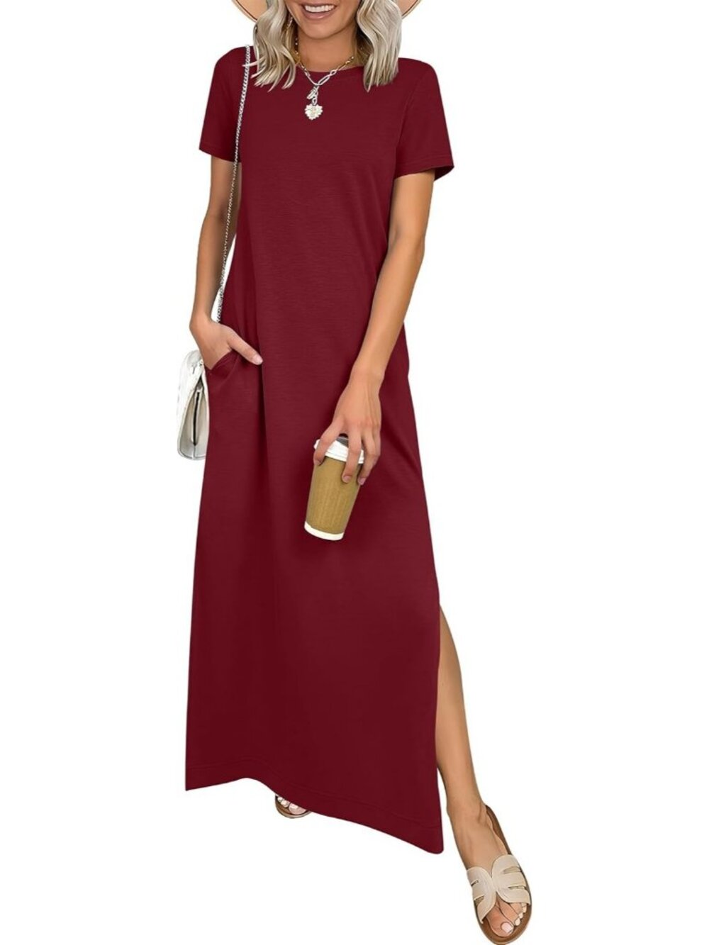 Women's Wine Red Crewneck Summer Casual Maxi Short Sleeve Split Long Dress